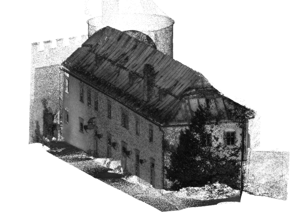 3D skenování domu s válcovou věží