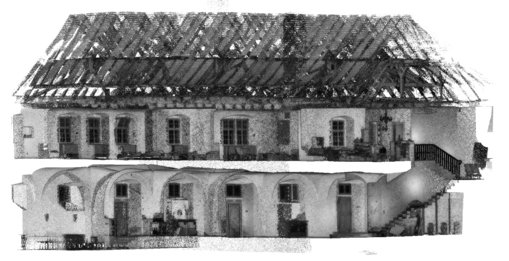 3D skenování domu s válcovou věží